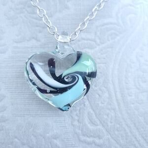 Handmade Blue Green Black Glass Heart Pendant Silver Tone Chain Necklace